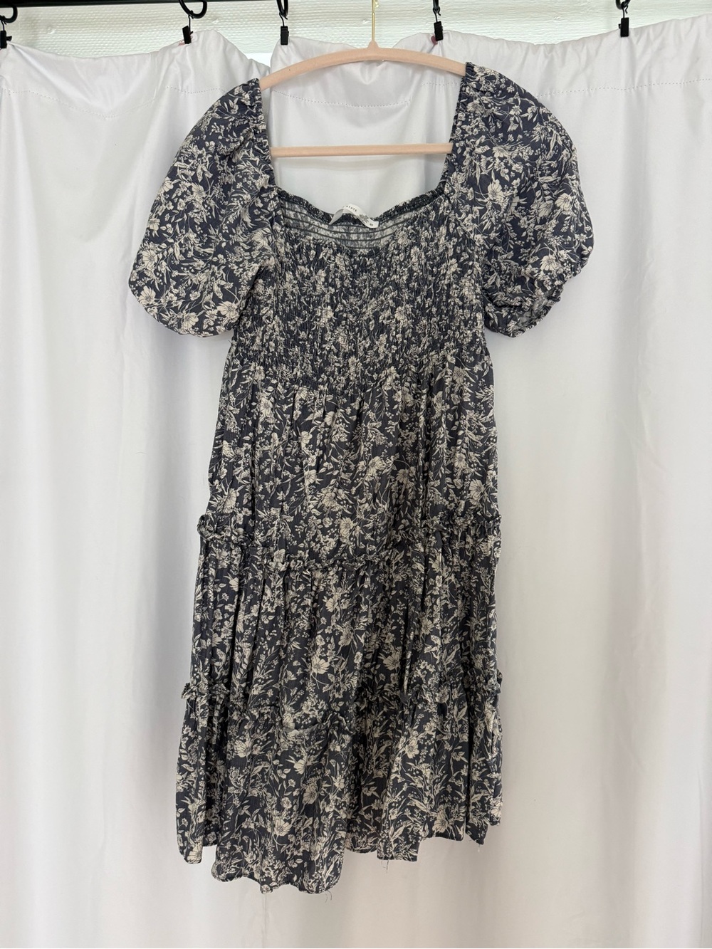 Altar'd State Navy and Cream Floral Puff-Sleeve Smocked Midi Dress